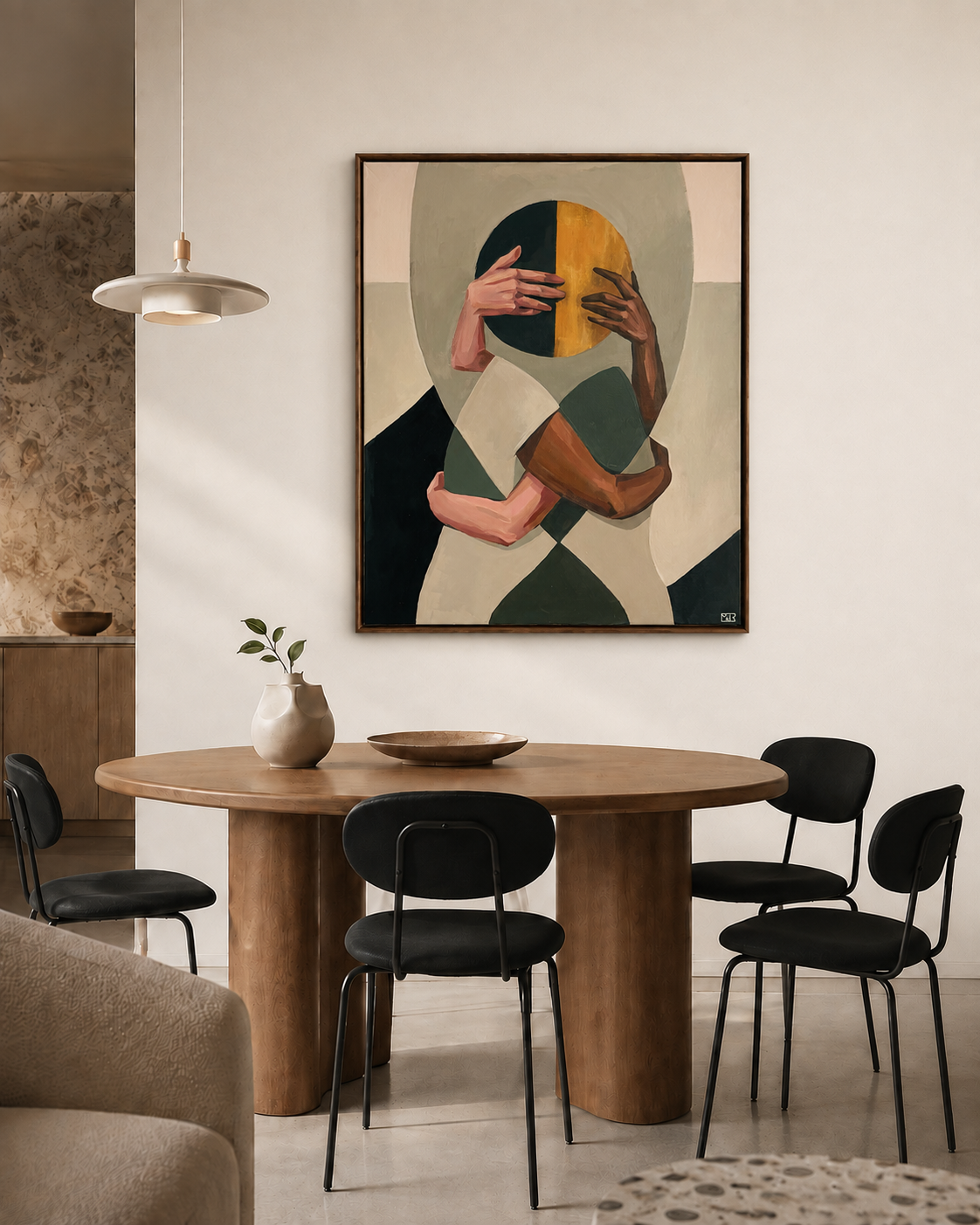 Painting displayed above a wooden dining table in a warm interior