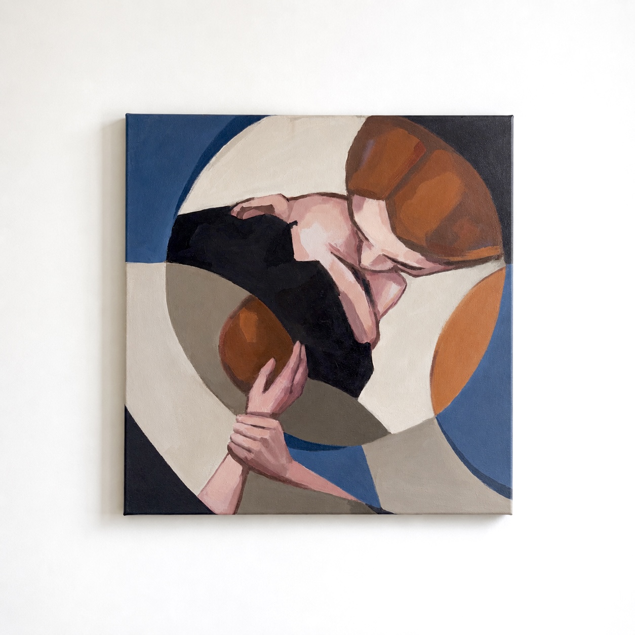 Square figurative painting with warm orange and blue geometric forms