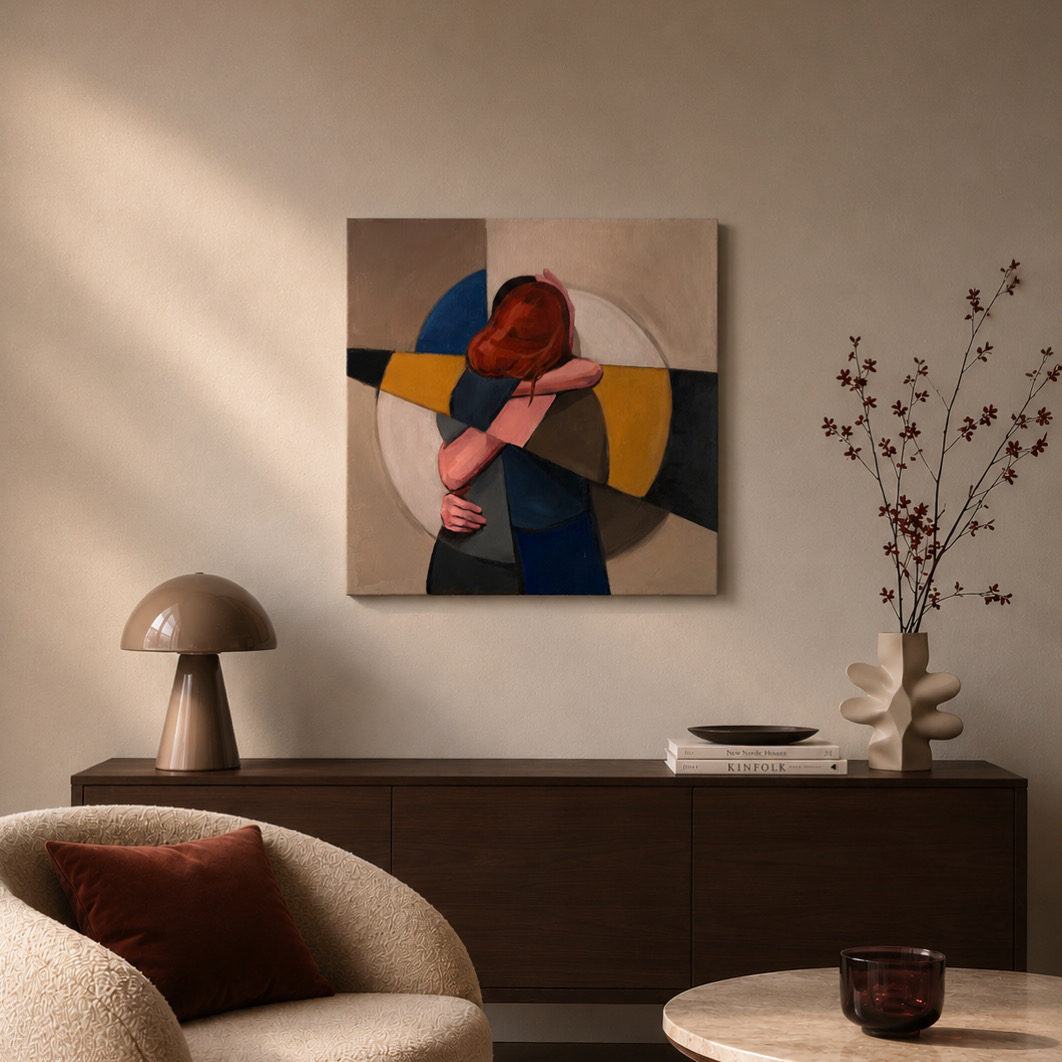 Painting displayed above a wooden cabinet in a warm living room