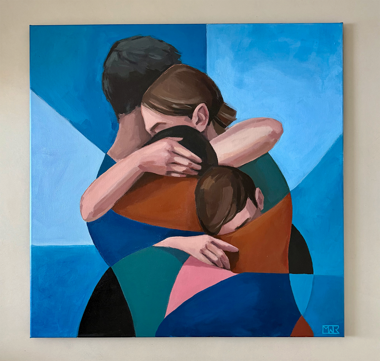 Blue figurative painting showing a close group embrace