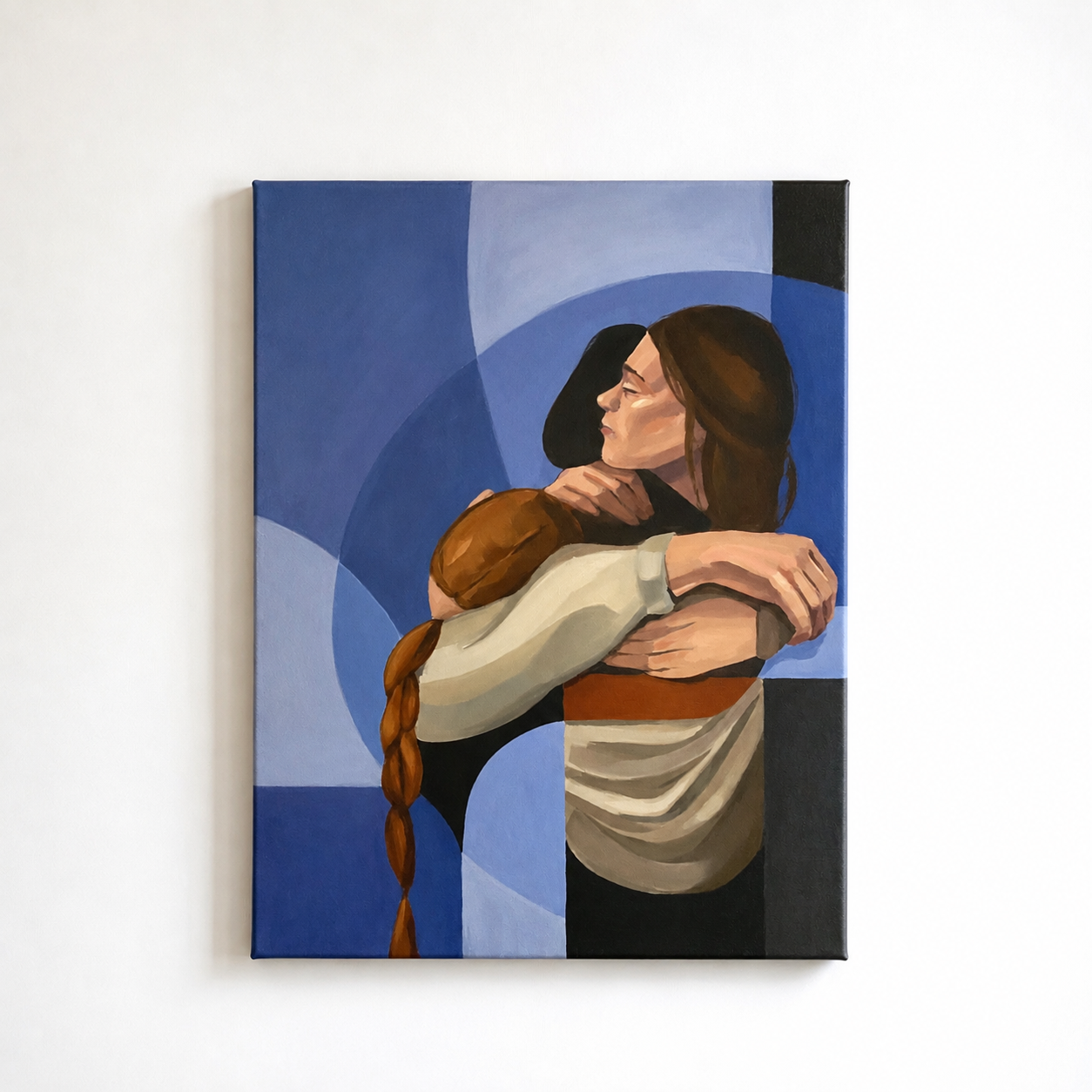 Figurative painting of two sisters embracing against blue geometric forms