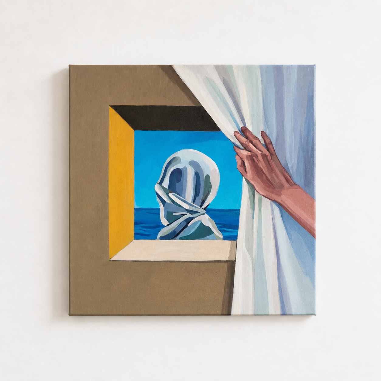 Painting displayed behind a soft curtain